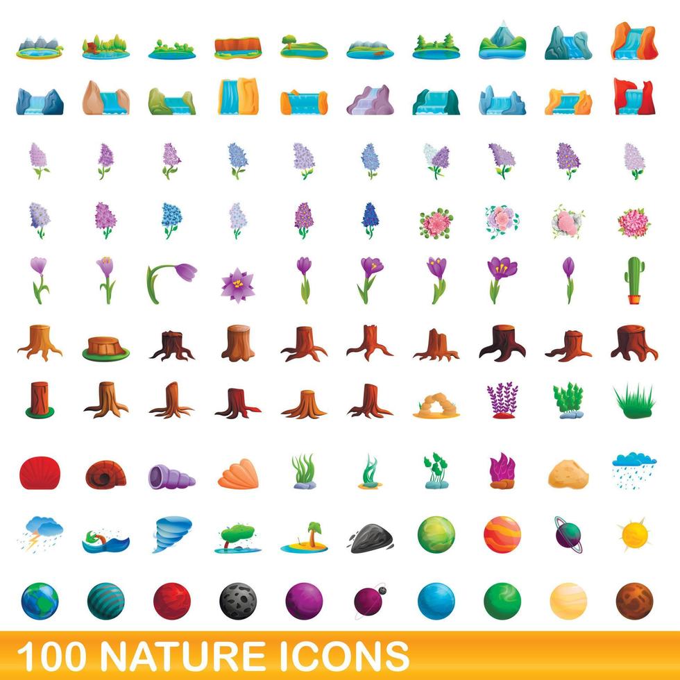 100 iconos de naturaleza, estilo de dibujos animados vector