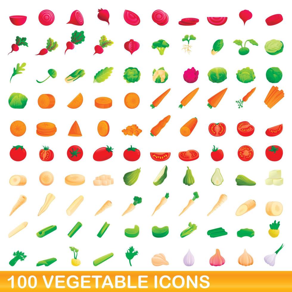 100 vegetable icons set, cartoon style vector