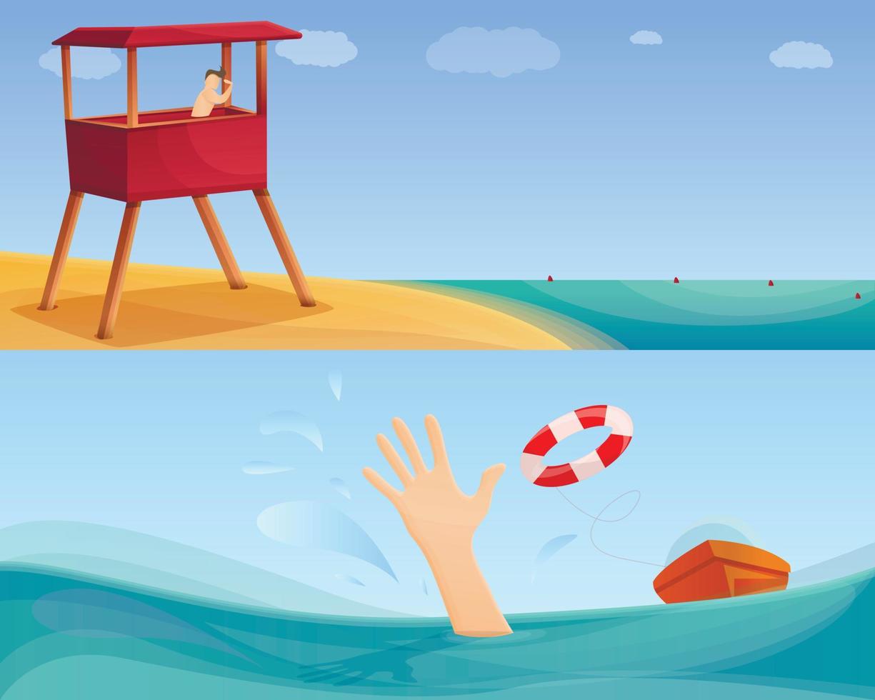 Sea safety banner set, cartoon style vector