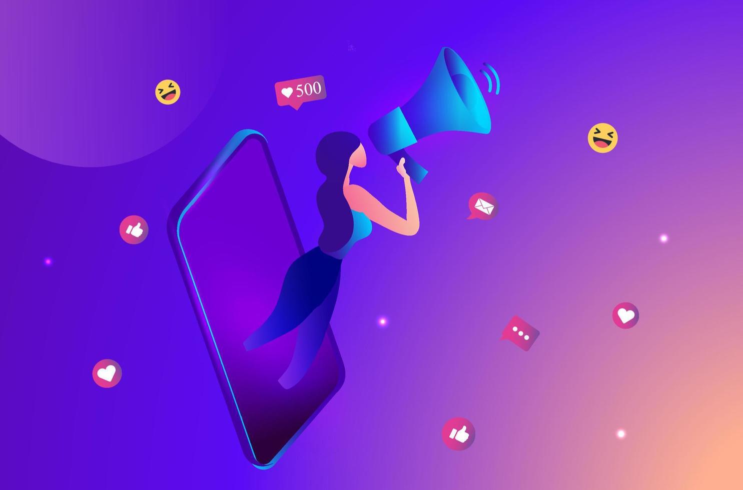 woman shouting in loud speaker with social media icons. Influencer social media marketing, blogger, vlogging, social influencer and influencer marketing concept vector illustration