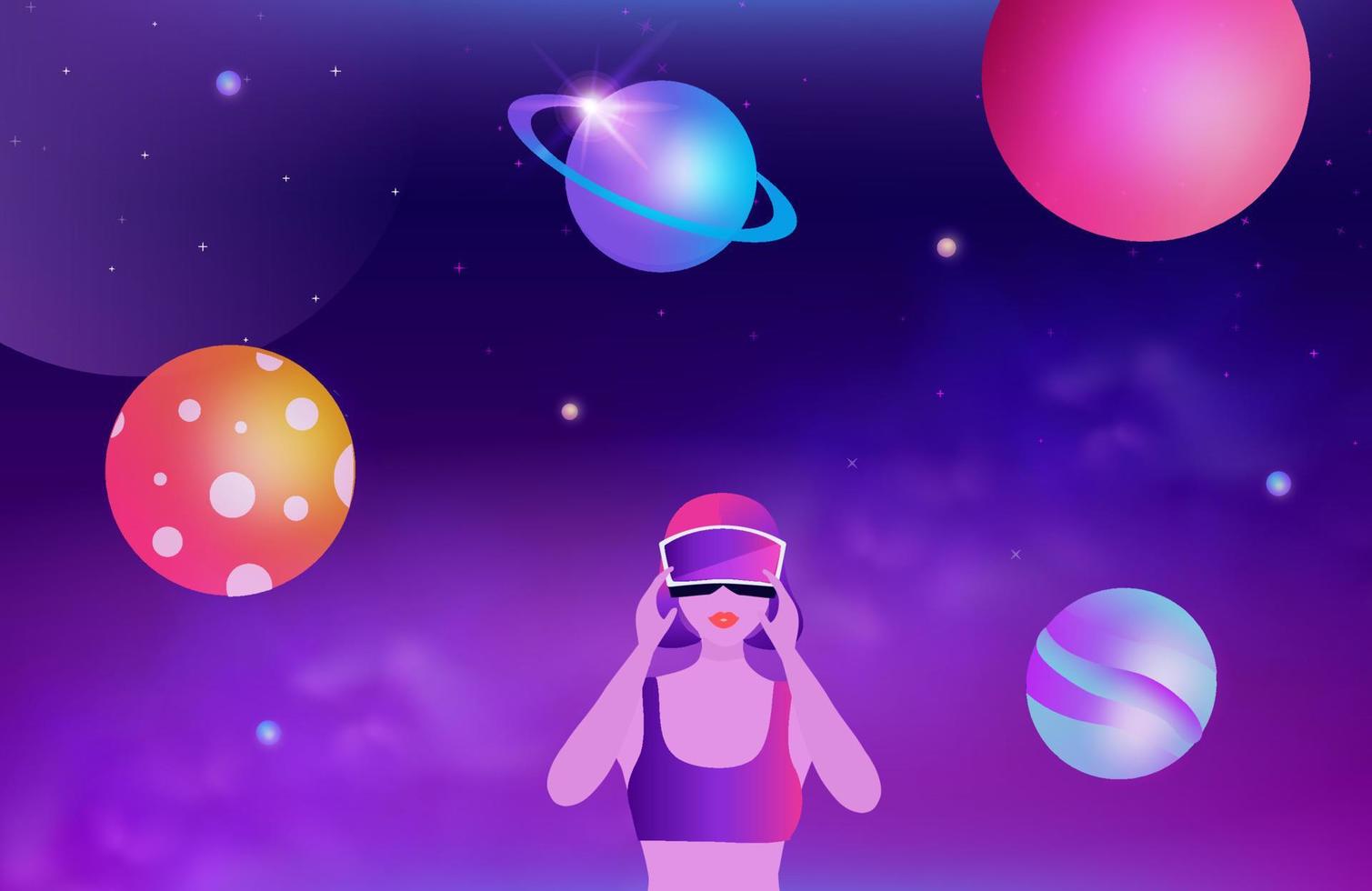 Woman wearing virtual reality goggle glass, having 3d experience in virtual reality in universe world vector illustration. Metaverse and blockchain 3D experience technology concept