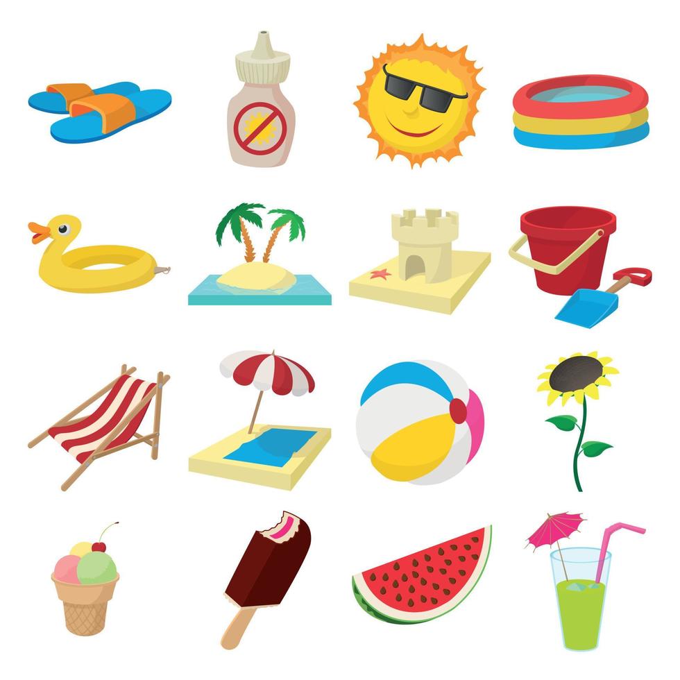 Summer icons set, cartoon style vector