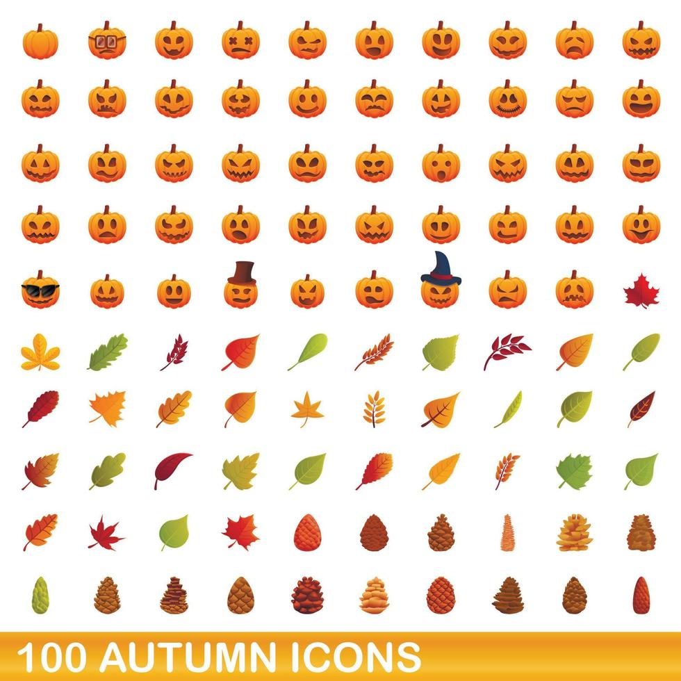 100 autumn icons set, cartoon style vector