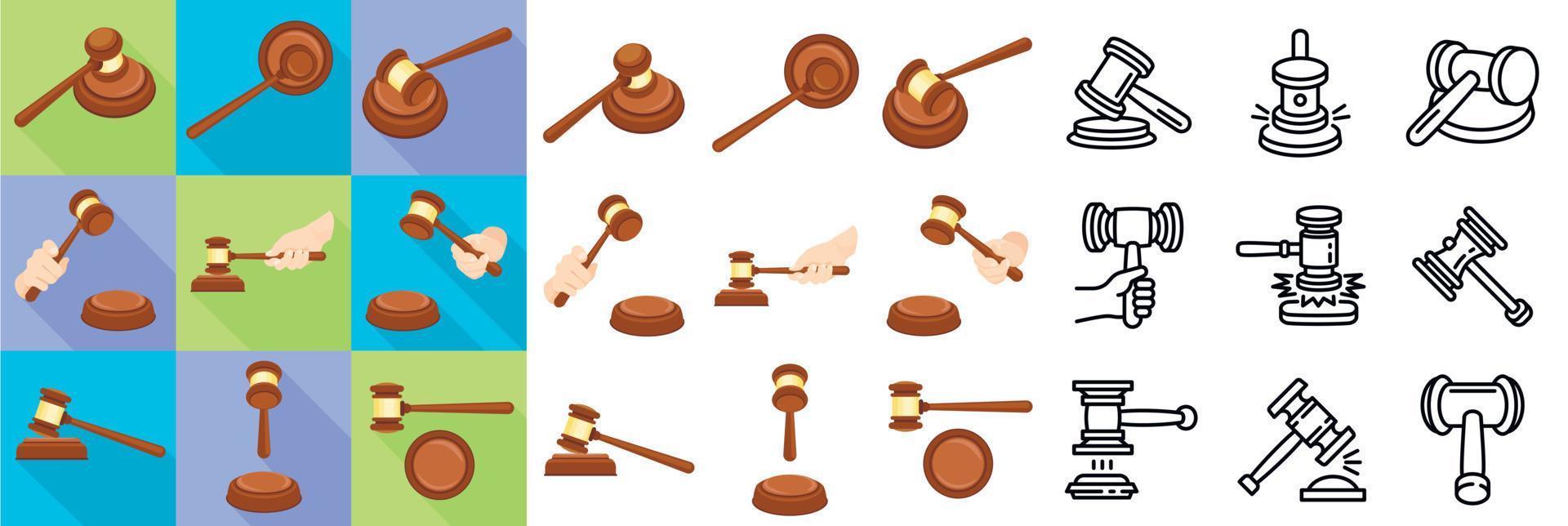 Judge hammer icons set, flat and outline style vector