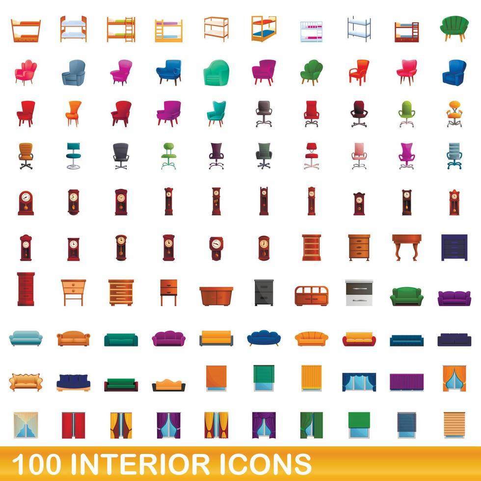 100 iconos interiores, estilo de dibujos animados vector