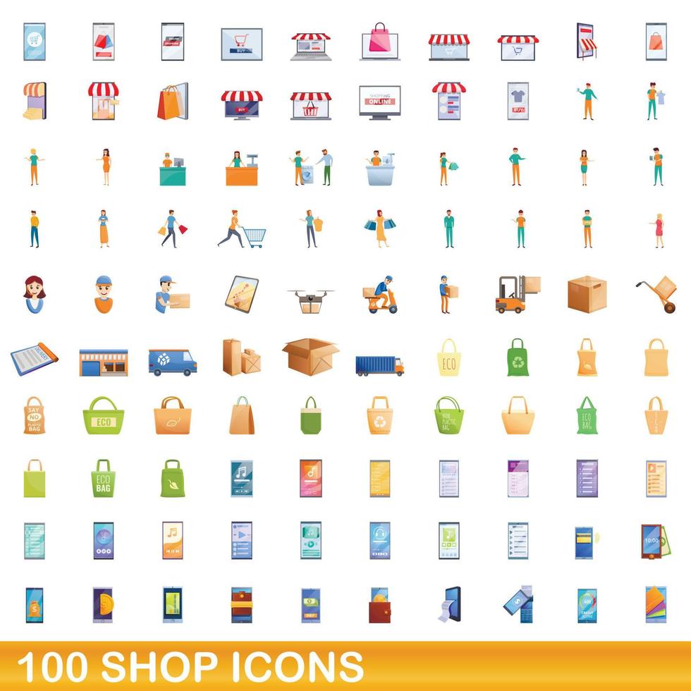 100 tienda, conjunto de iconos de estilo de dibujos animados vector