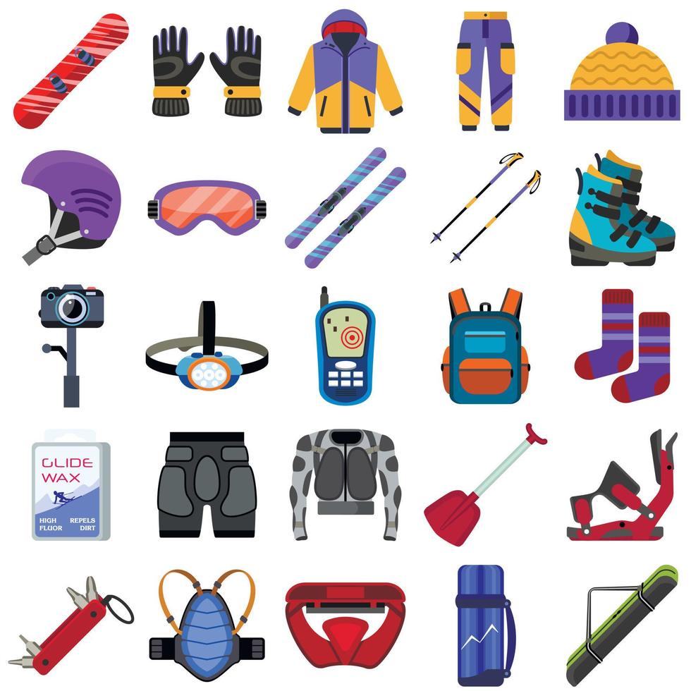 conjunto de iconos de equipo de snowboard, estilo plano vector