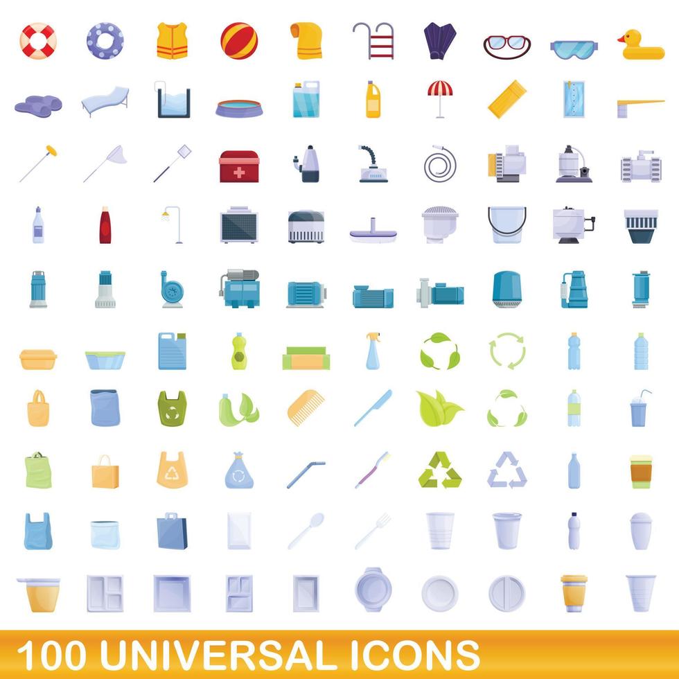 100 universal icons set, cartoon style vector