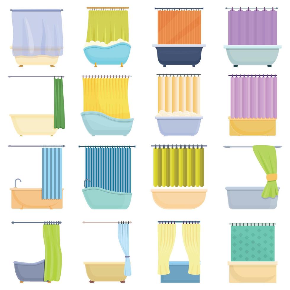 Shower curtain icons set, cartoon style vector