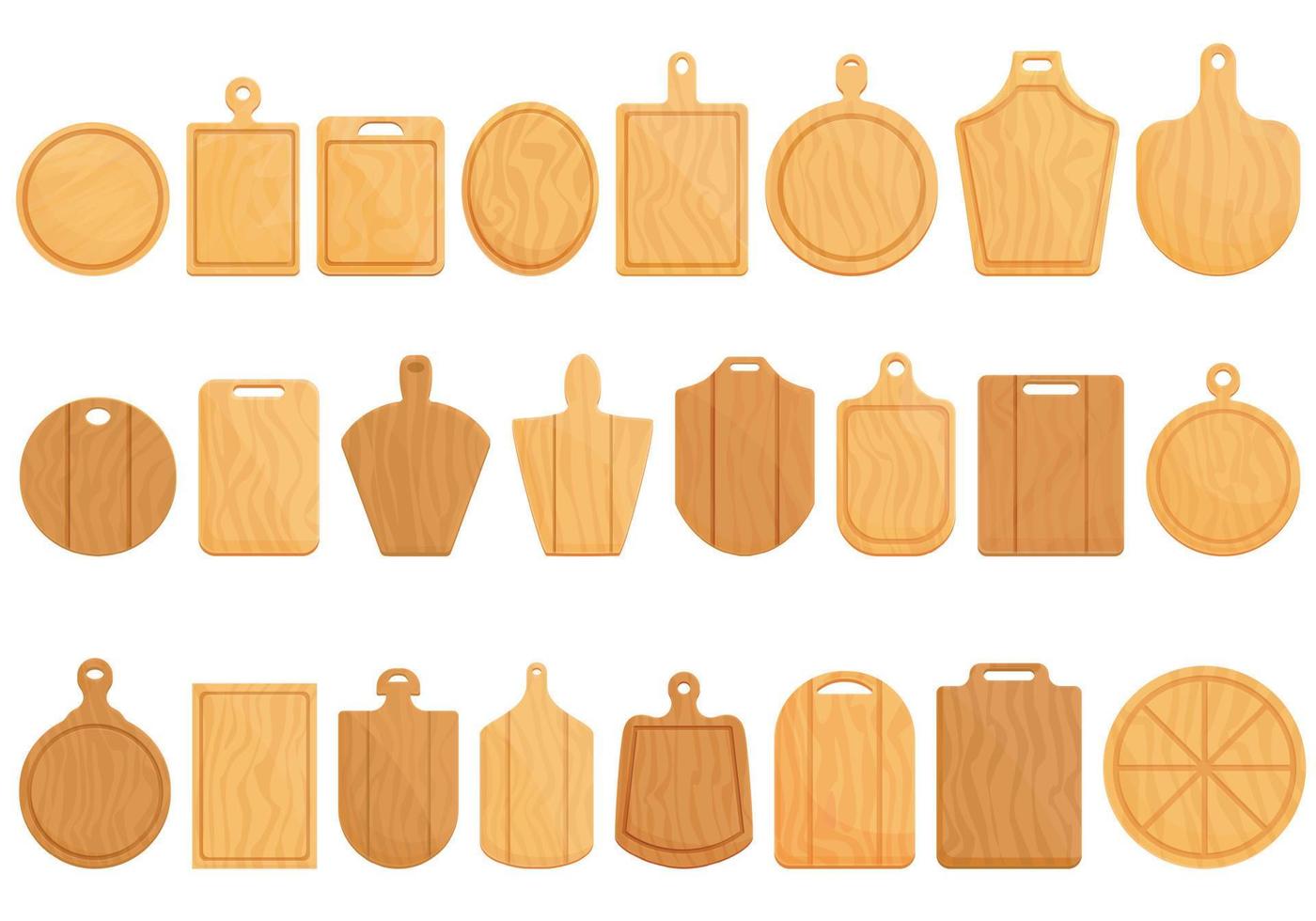 conjunto de iconos de tablero de pizza de madera vector de dibujos animados. escudo de madera