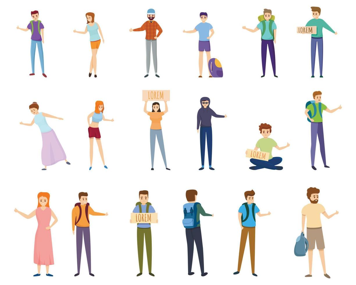 Hitchhiking icons set, cartoon style vector