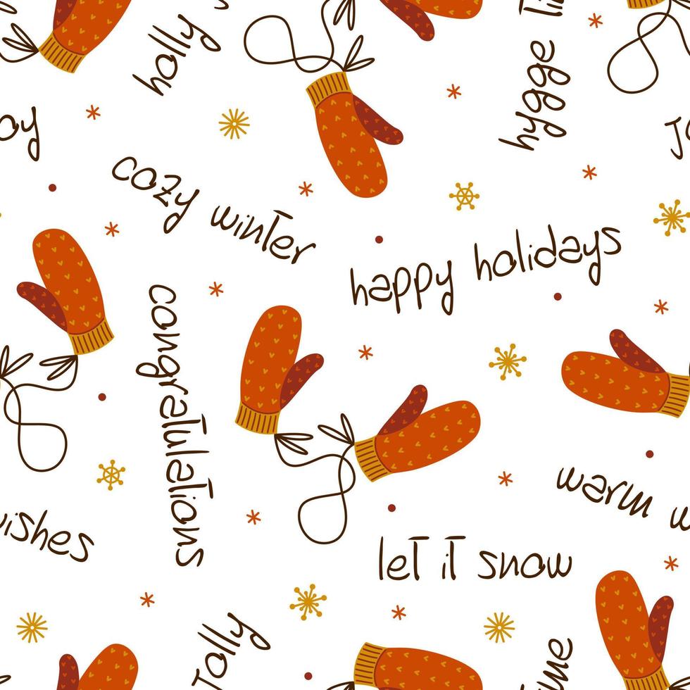 Cozy winter mittens seamless vector pattern. Knitted red gloves on a rope, snowflakes, holiday wishes text. Warm woolen clothes, flat cartoon style. Christmas background for cards, wrapping, web
