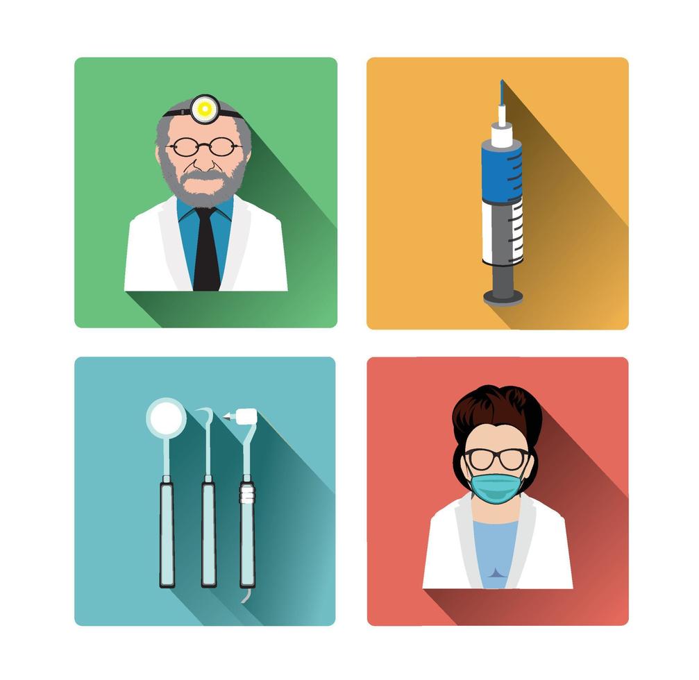 Modern flat dentist icons set with long shadow effect vector