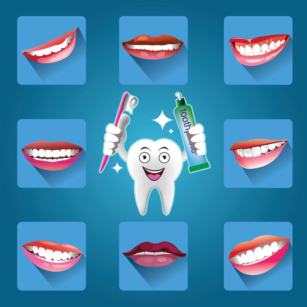 Set of smiles with Cartoon Smiling tooth vector