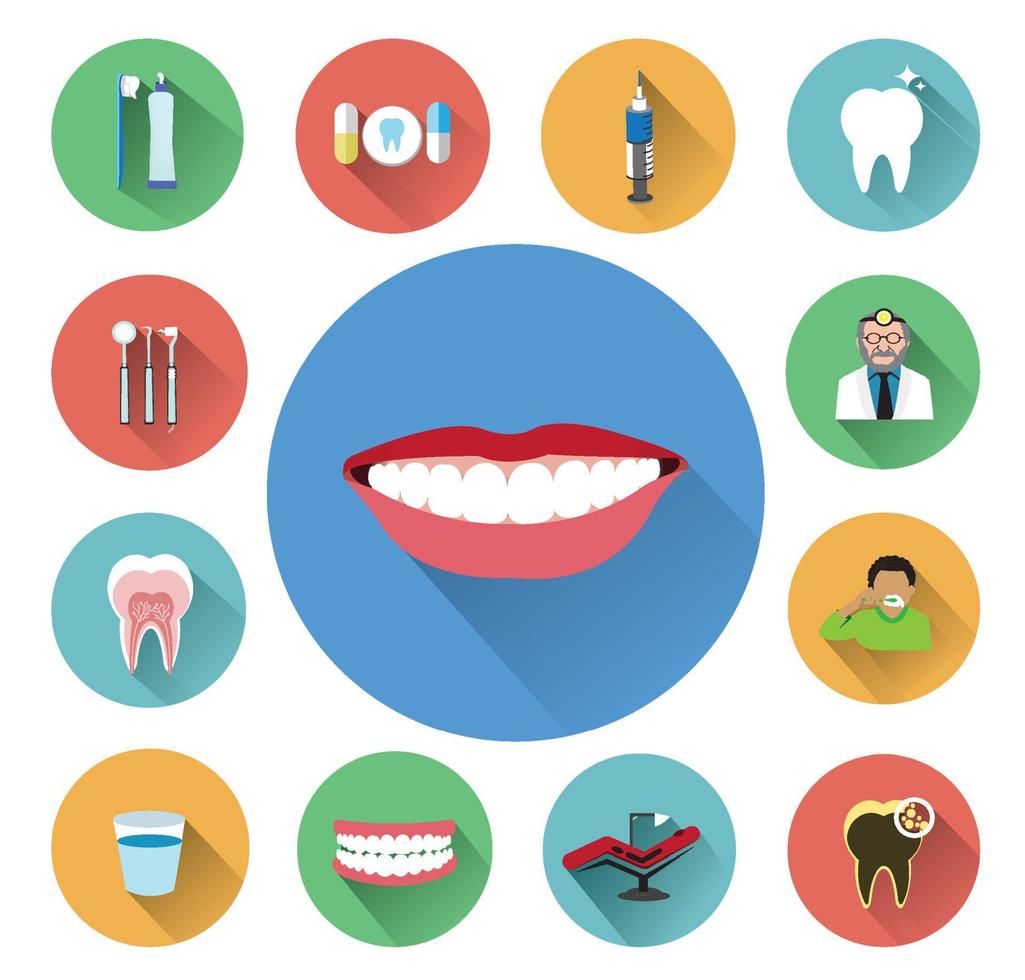 Modern flat dental icons set with long shadow effect vector