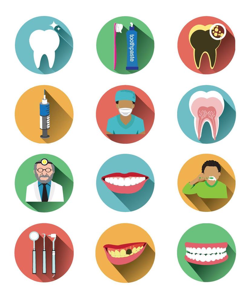 Modern flat dental icons set with long shadow effect vector