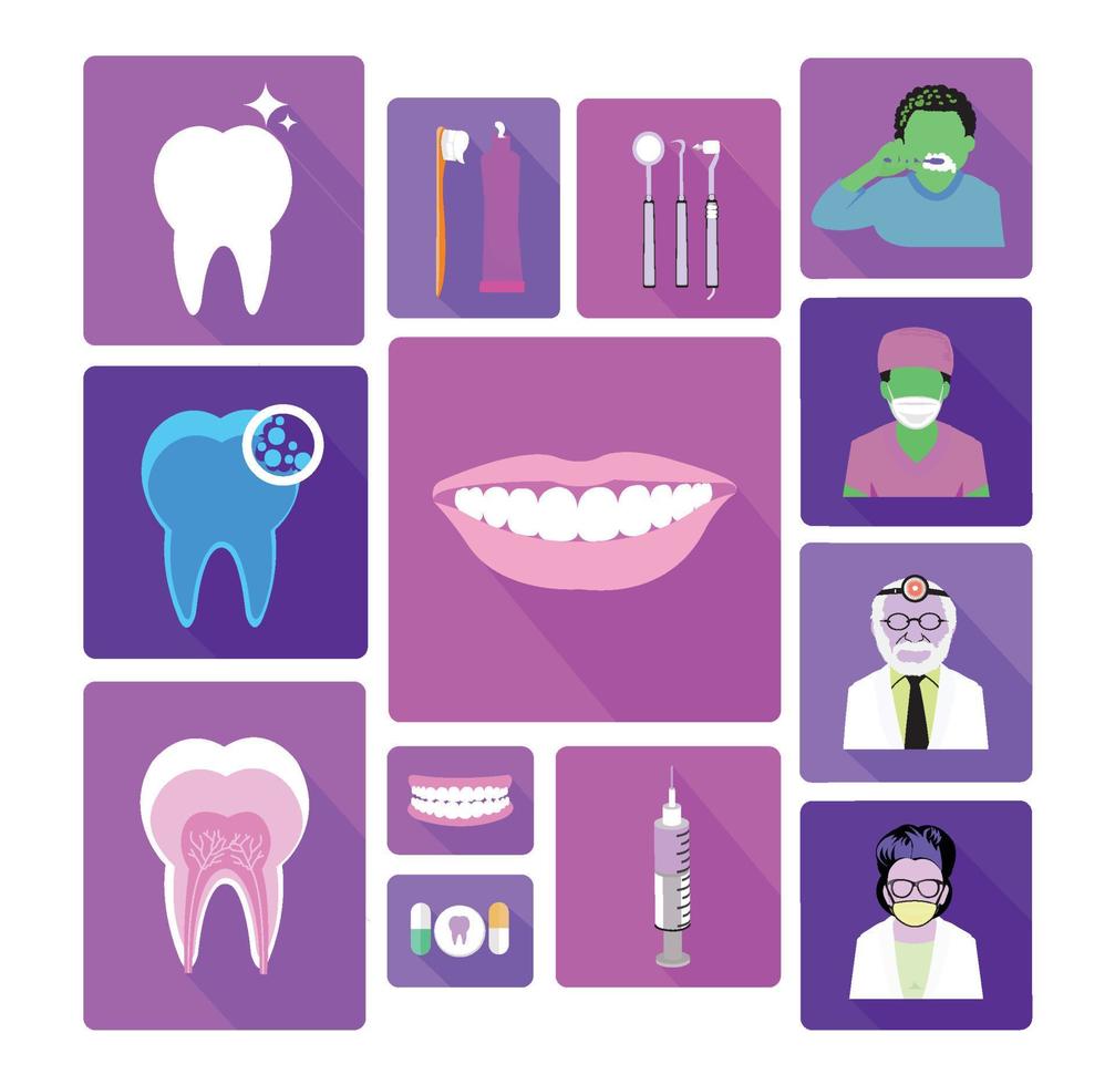 Modern color dental icons set with long shadow effect vector