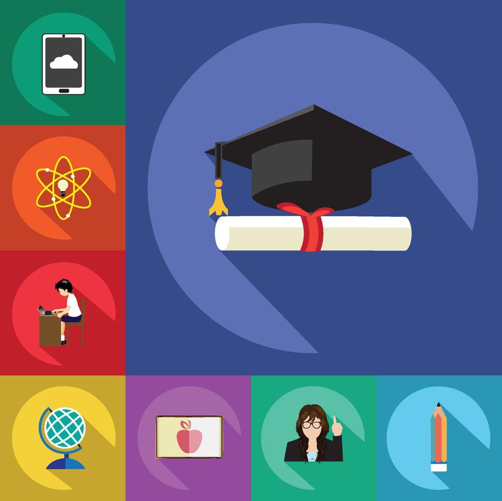 Modern flat education icons set with long shadow effect vector