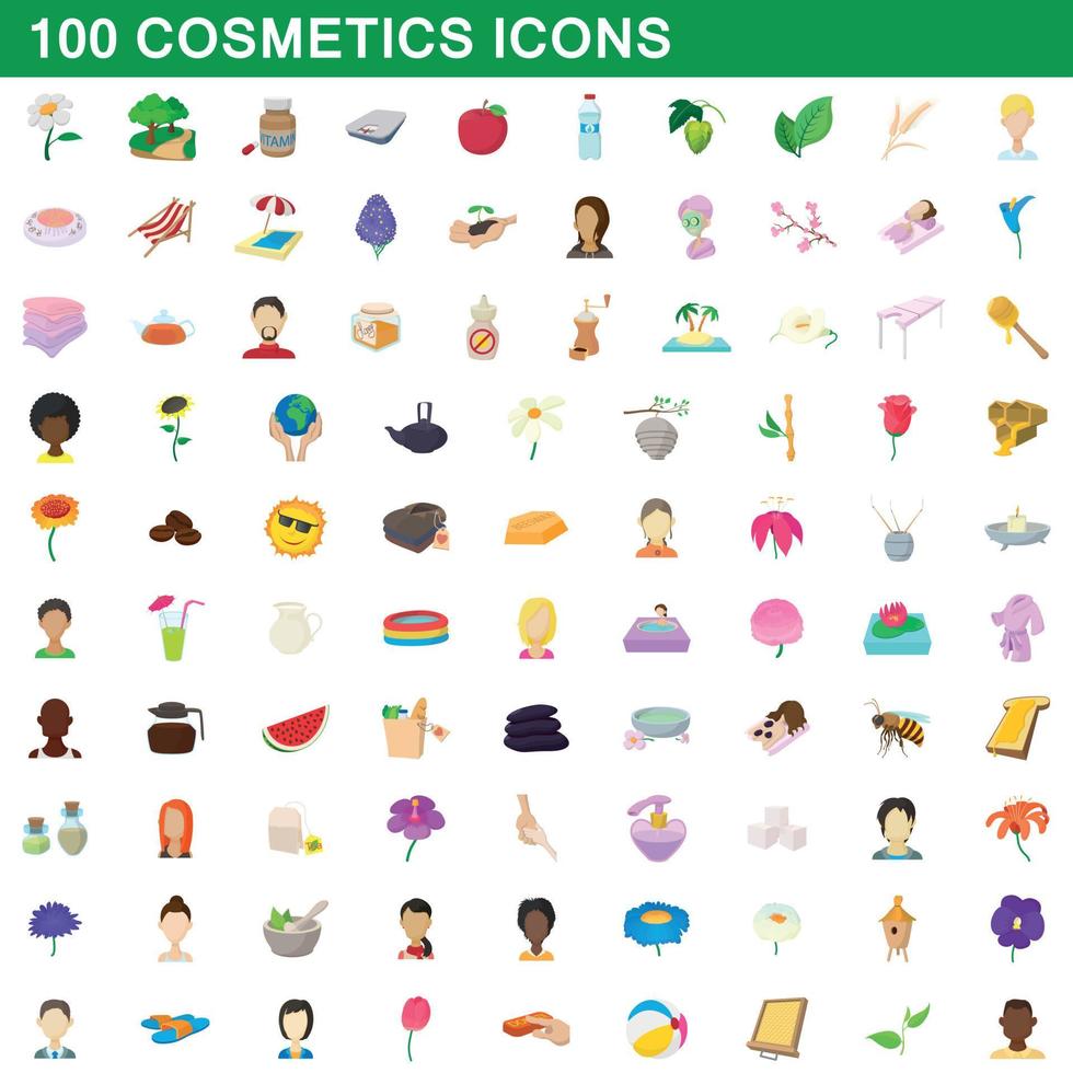 100 cosméticos, conjunto de iconos de estilo de dibujos animados vector