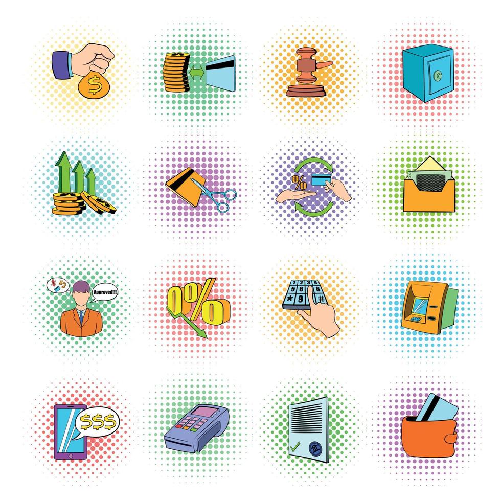 Bank icons set, pop-art style vector