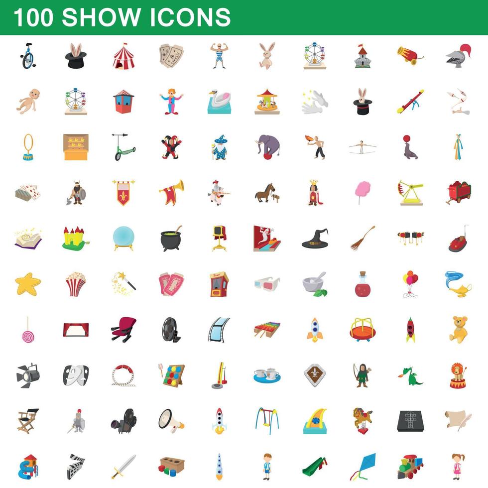 100 show icons set, cartoon style vector