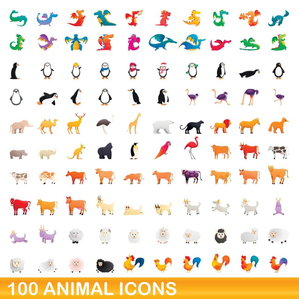 100 animales, conjunto de iconos de estilo de dibujos animados vector