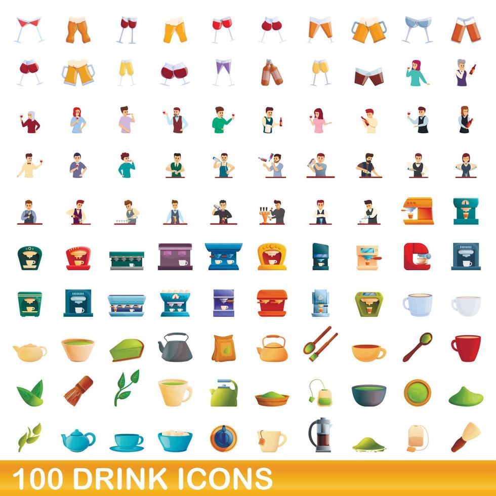 100 drink icons set, cartoon style vector