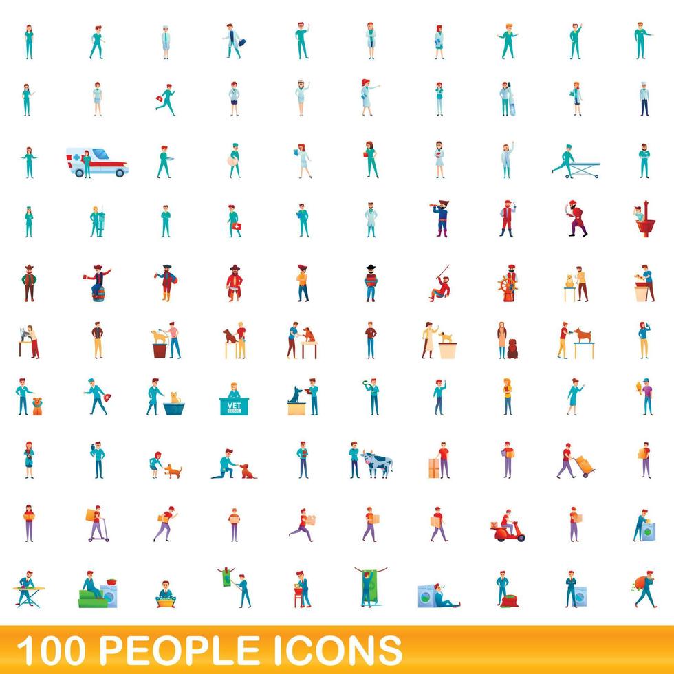 100 people icons set, cartoon style vector