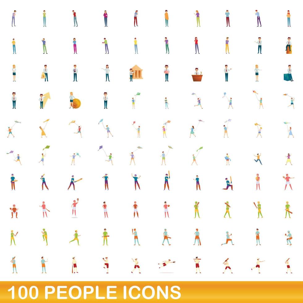 100 people icons set, cartoon style vector