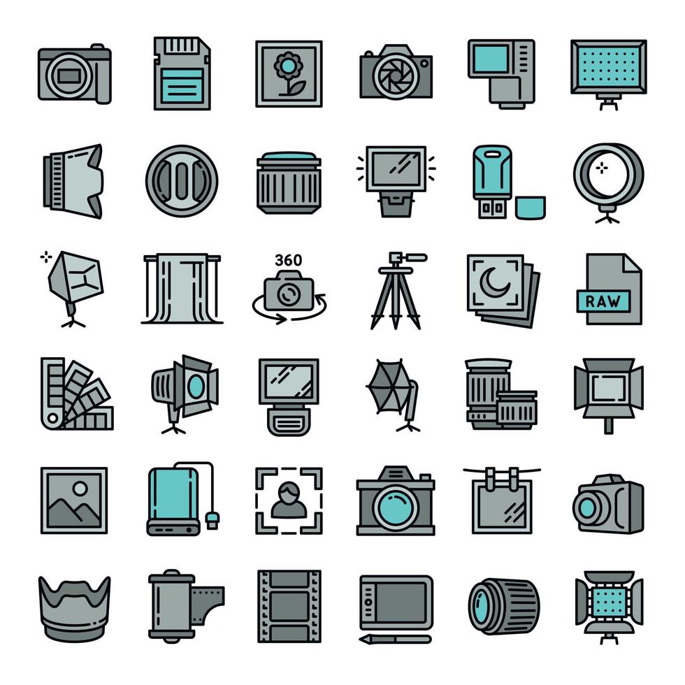 Photographer equipment icons set, outline style vector