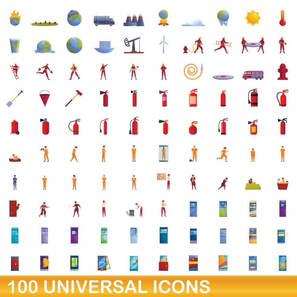 100 universal icons set, cartoon style vector