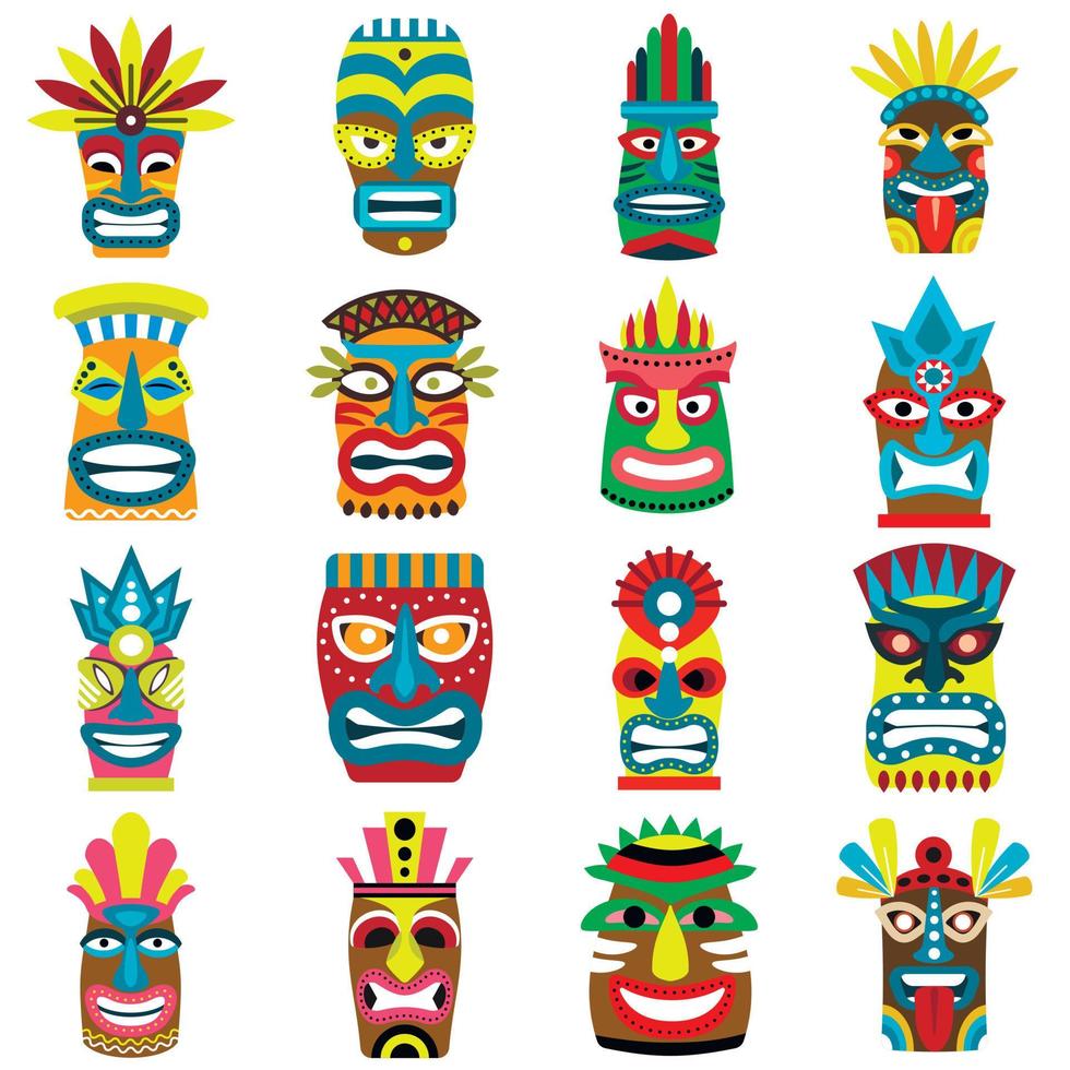 Tiki idols icons set, flat style vector