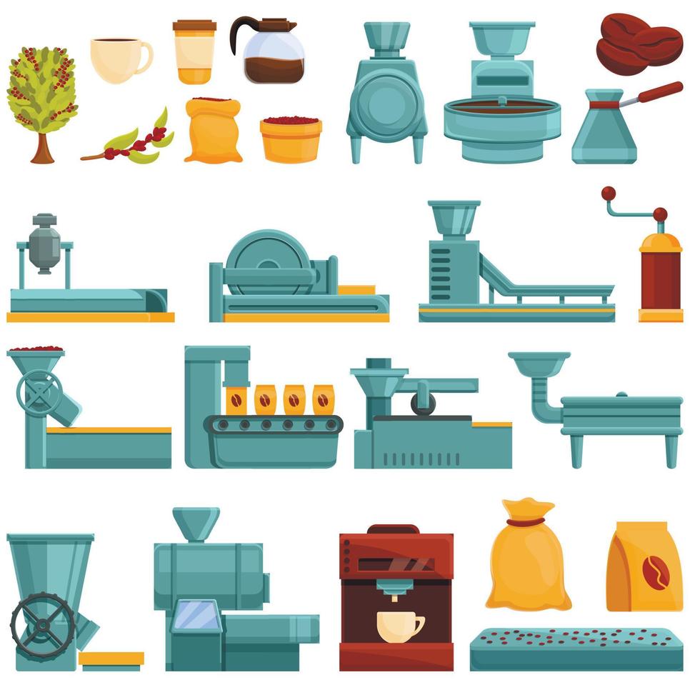 Coffee production icons set, cartoon style vector