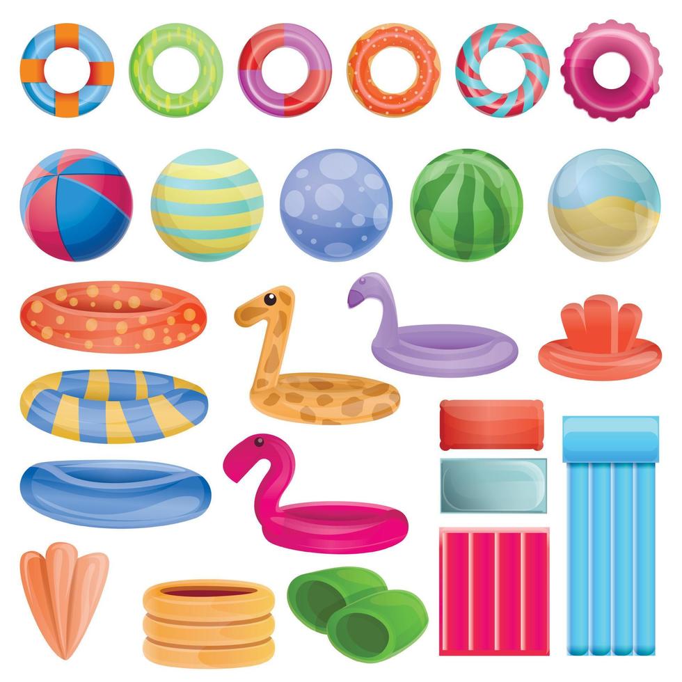 Pool equipment icons set, cartoon style vector