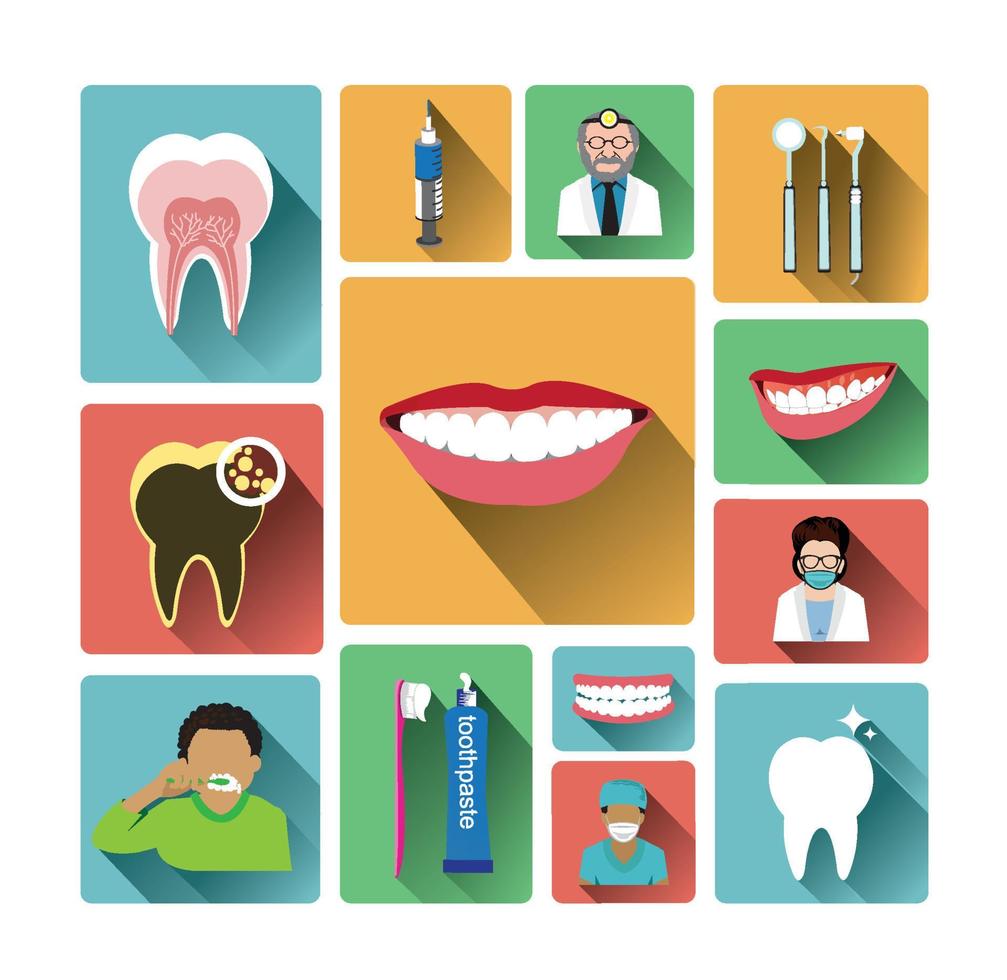 Modern flat dental icons set with long shadow effect vector