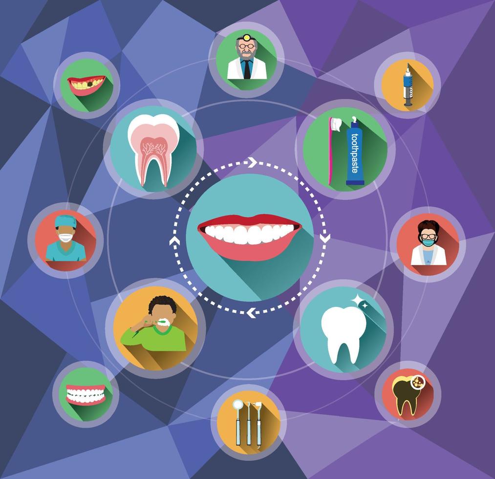 Modern flat dental icons set with polygon background vector
