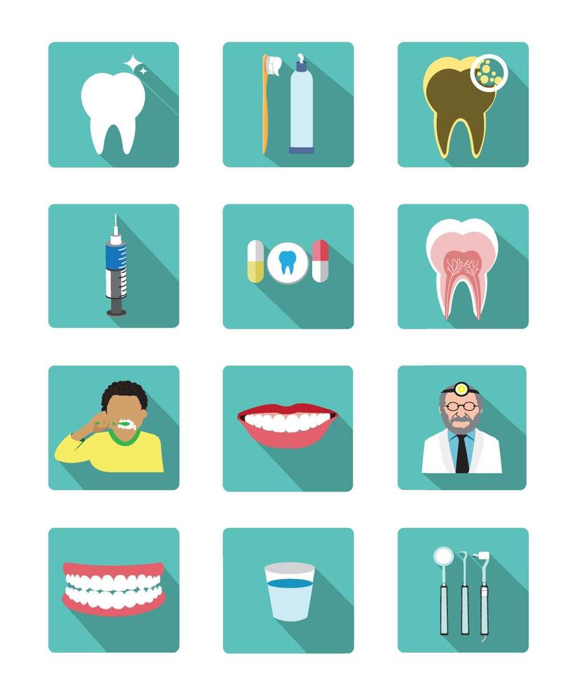 Modern flat dental icons set with long shadow effect vector
