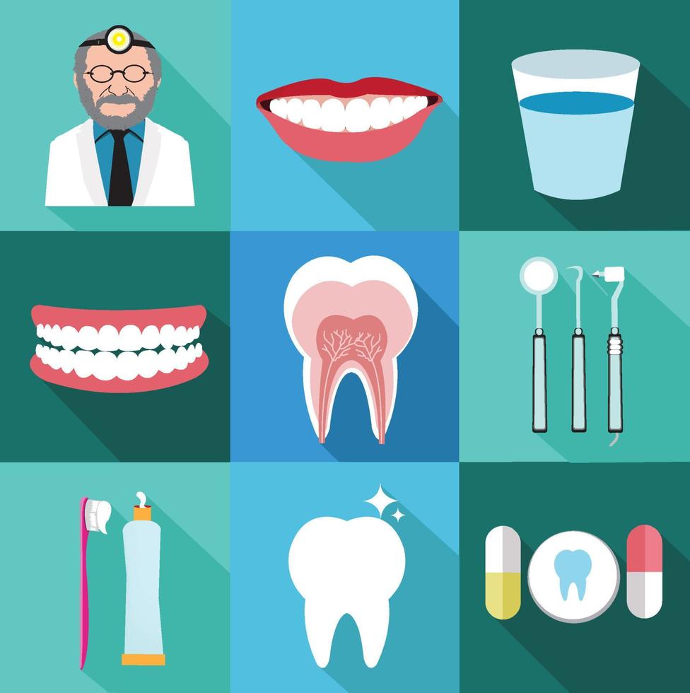 Modern flat dental icons set with long shadow effect vector