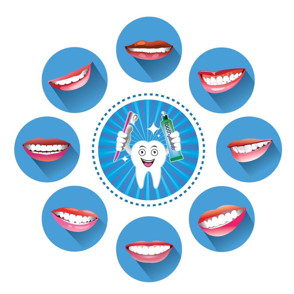 caricatura, diente sonriente, con, conjunto, de, sonrisas vector