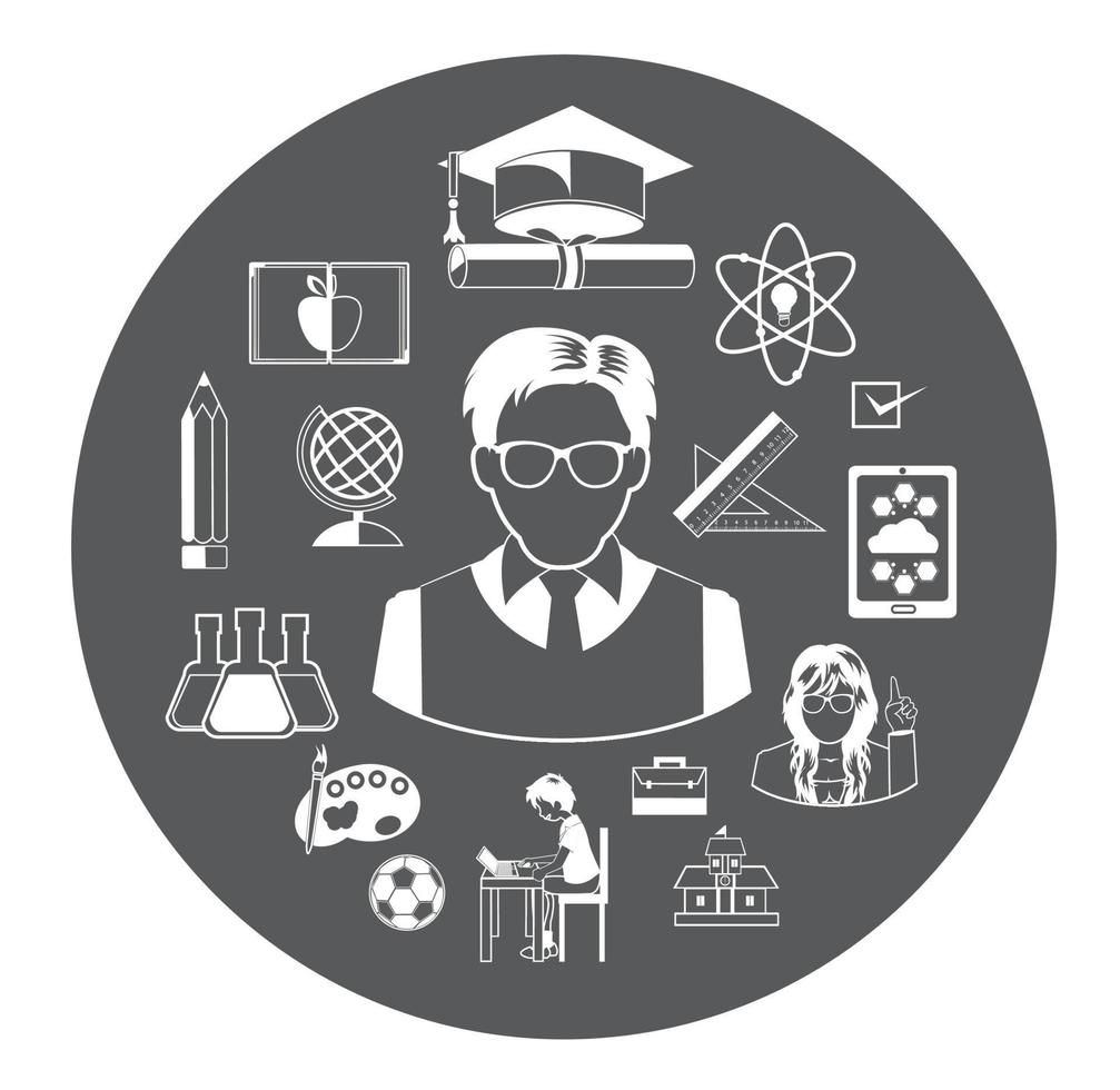 Big grey education icons set with long shadow effect vector