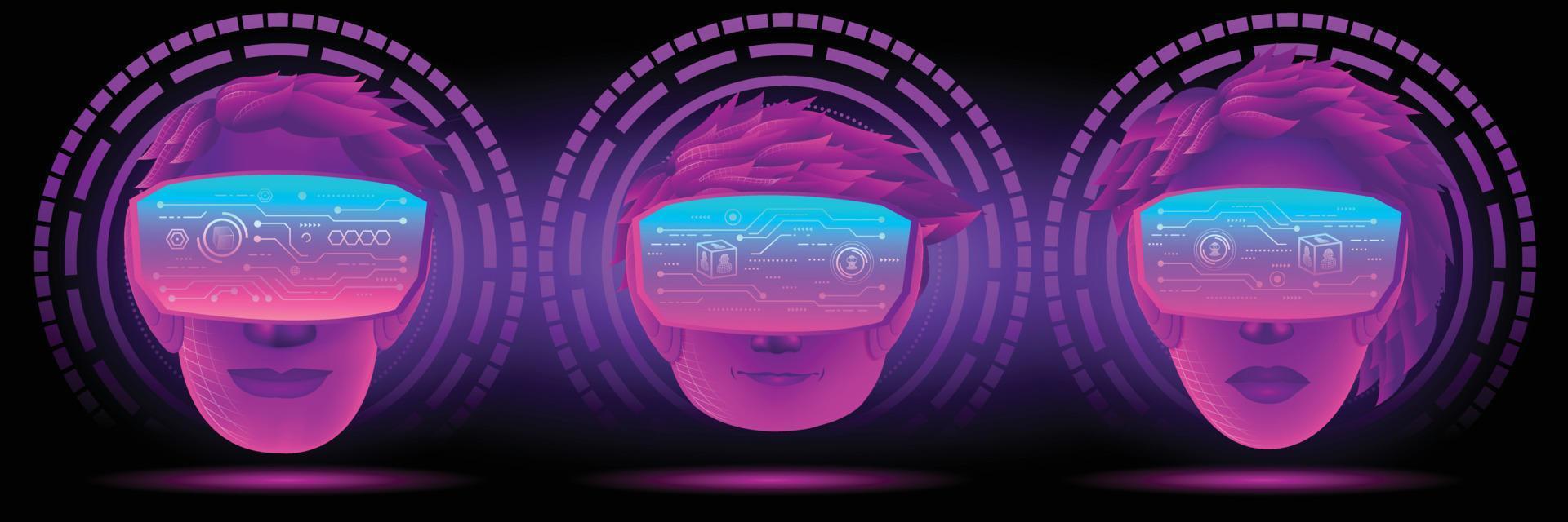 Banner of Metaverse Technology concept. Three head use VR virtual reality goggle for experiences of metaverse virtual world vector