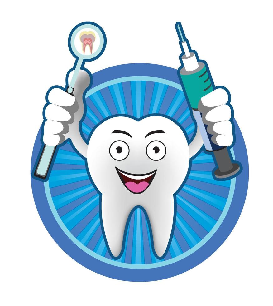 Cartoon Smiling tooth with mouth mirror and syringe vector