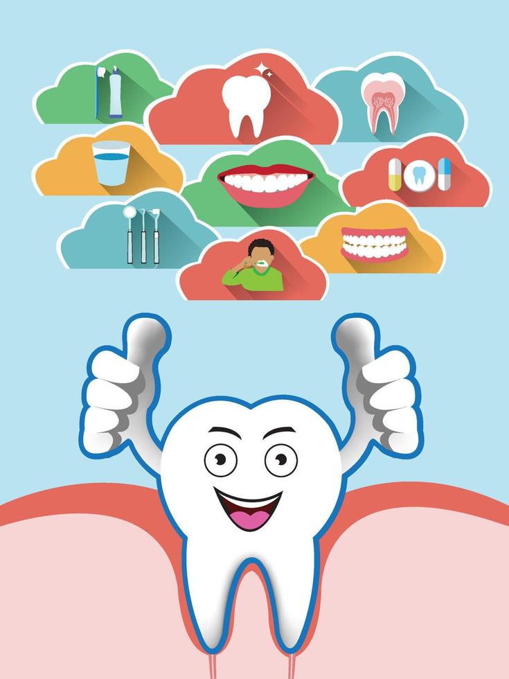 Cartoon smiling tooth with dental cloud set vector