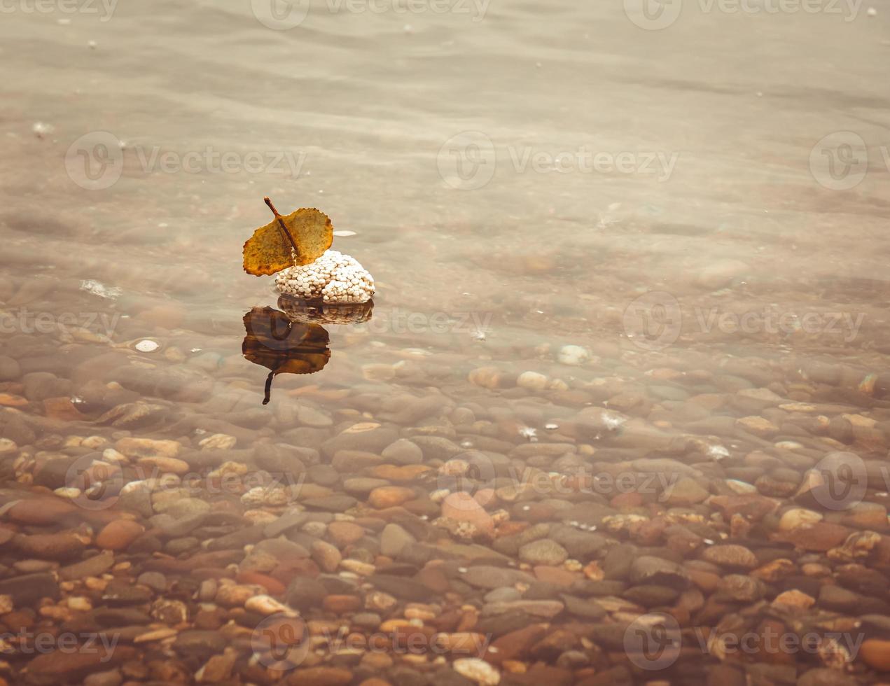 Stone and autumn leaf reflected in shallow water photo