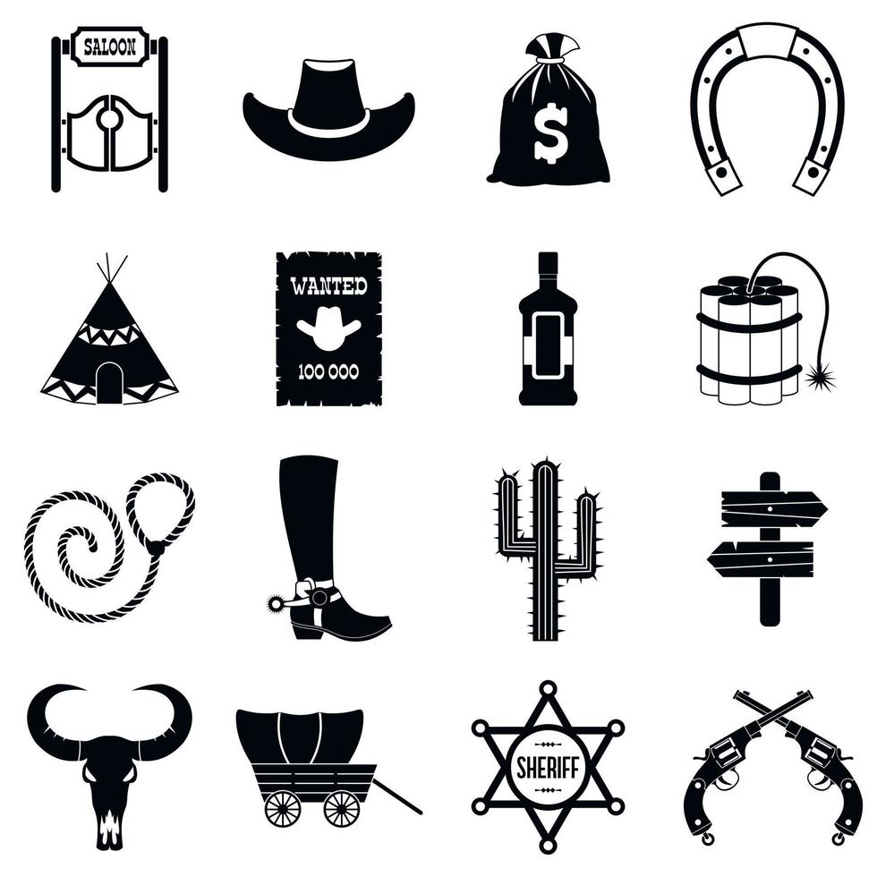 Wild west cowboy black simple icons vector