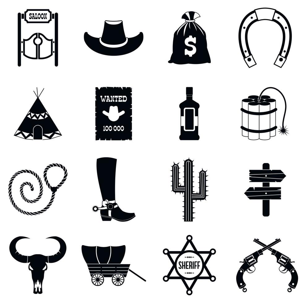 salvaje oeste vaquero negro iconos simples vector