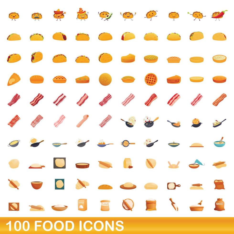 100 food icons set, cartoon style vector