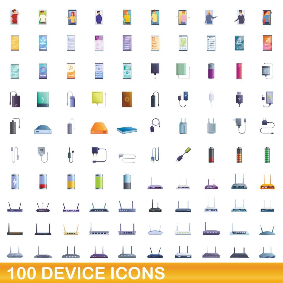 100 iconos de dispositivo, estilo de dibujos animados vector