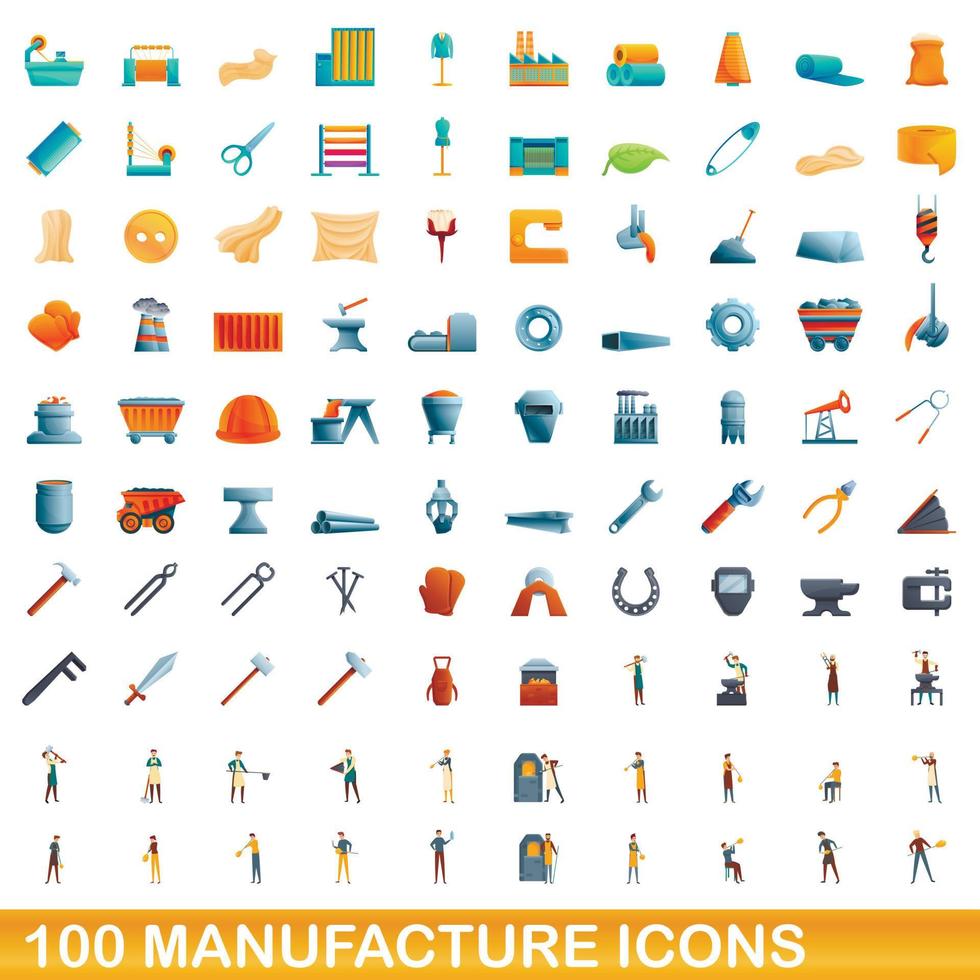 100 fabricación, conjunto de iconos de estilo de dibujos animados vector