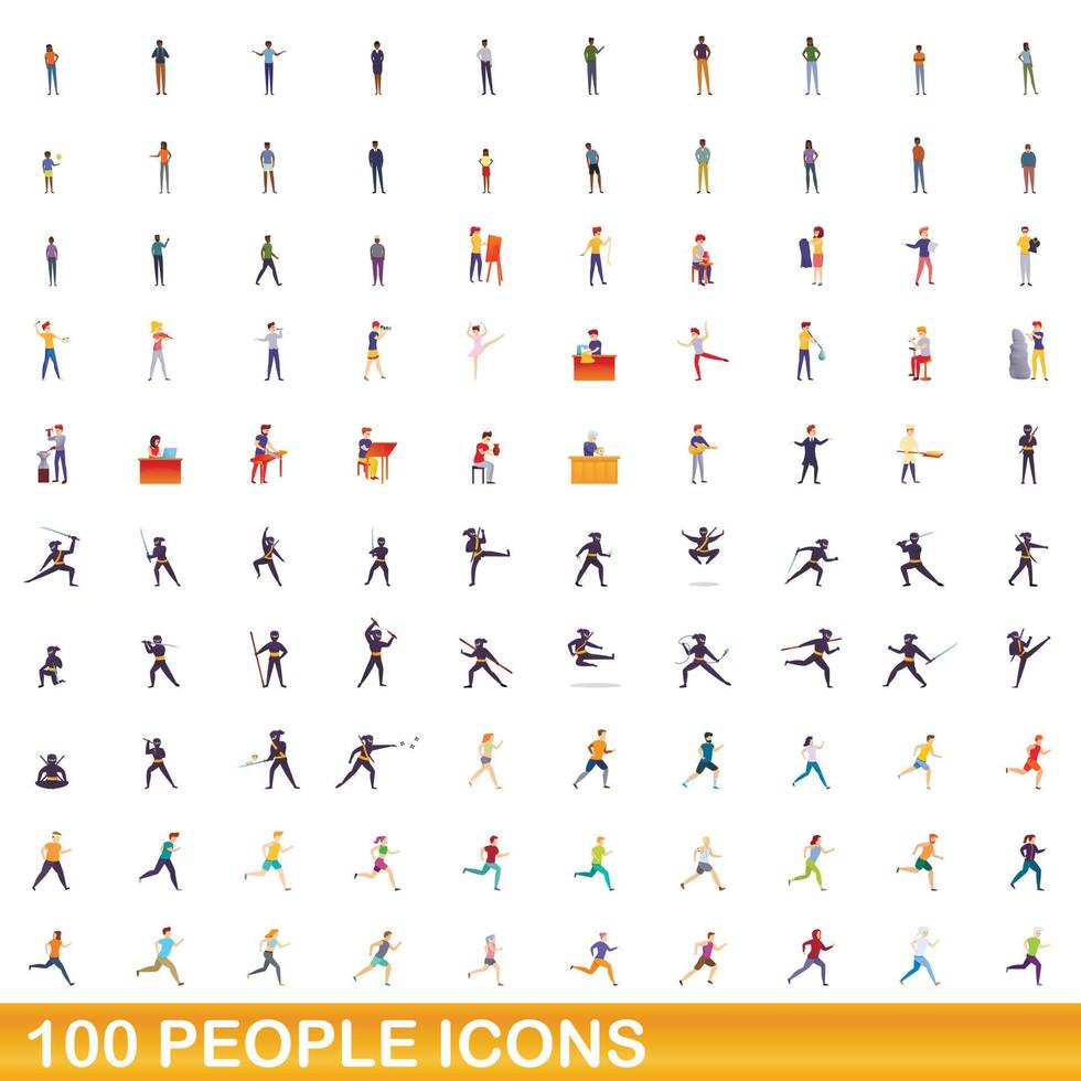 100 people icons set, cartoon style vector